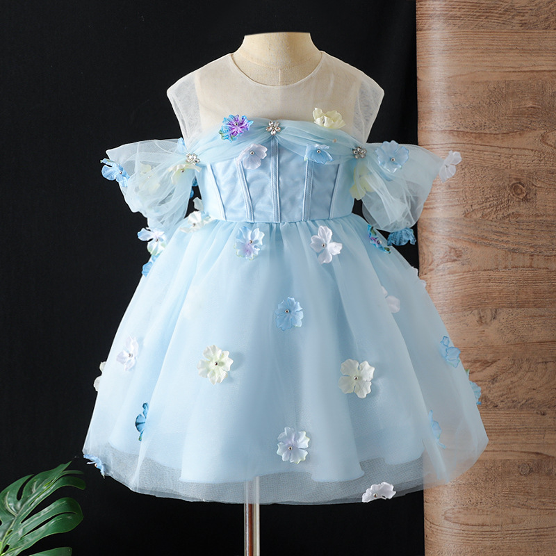 Easter Mesh Rosette Sleeveless Midi Dresses - Light Blue - 7Y - image 1