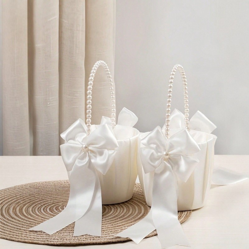 Solid With Bow Flower Basket - White - image 1