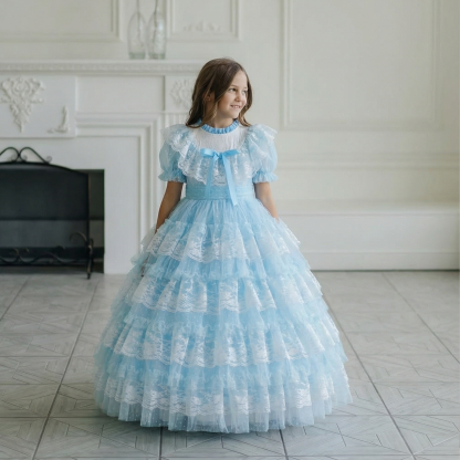 Easter Lace Split Joint Tiered Short Sleeve Maxi Dresses - image 4