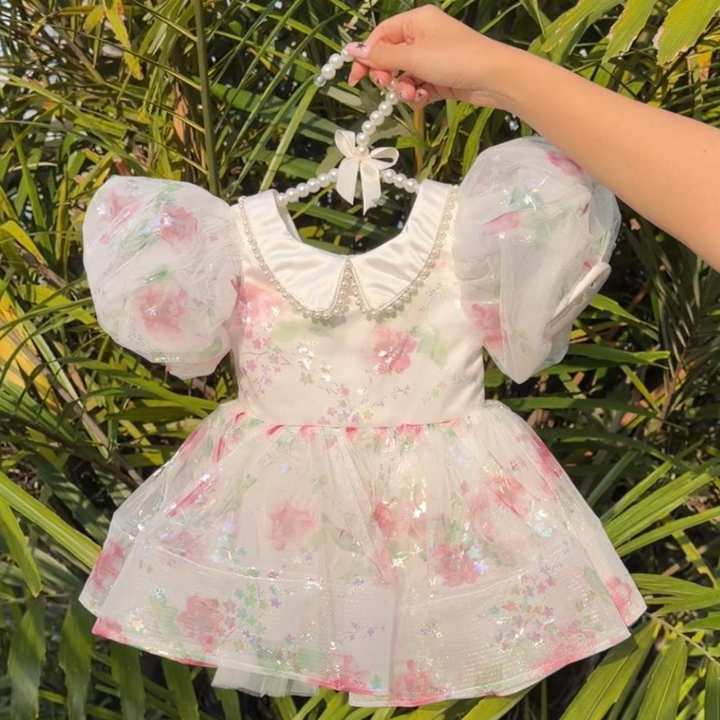 Organza Printing Short Sleeve Midi Dresses - White - 14-15Y - image 1