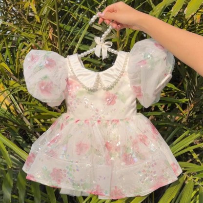 Organza Printing Short Sleeve Midi Dresses - White - 14-15Y - image 1