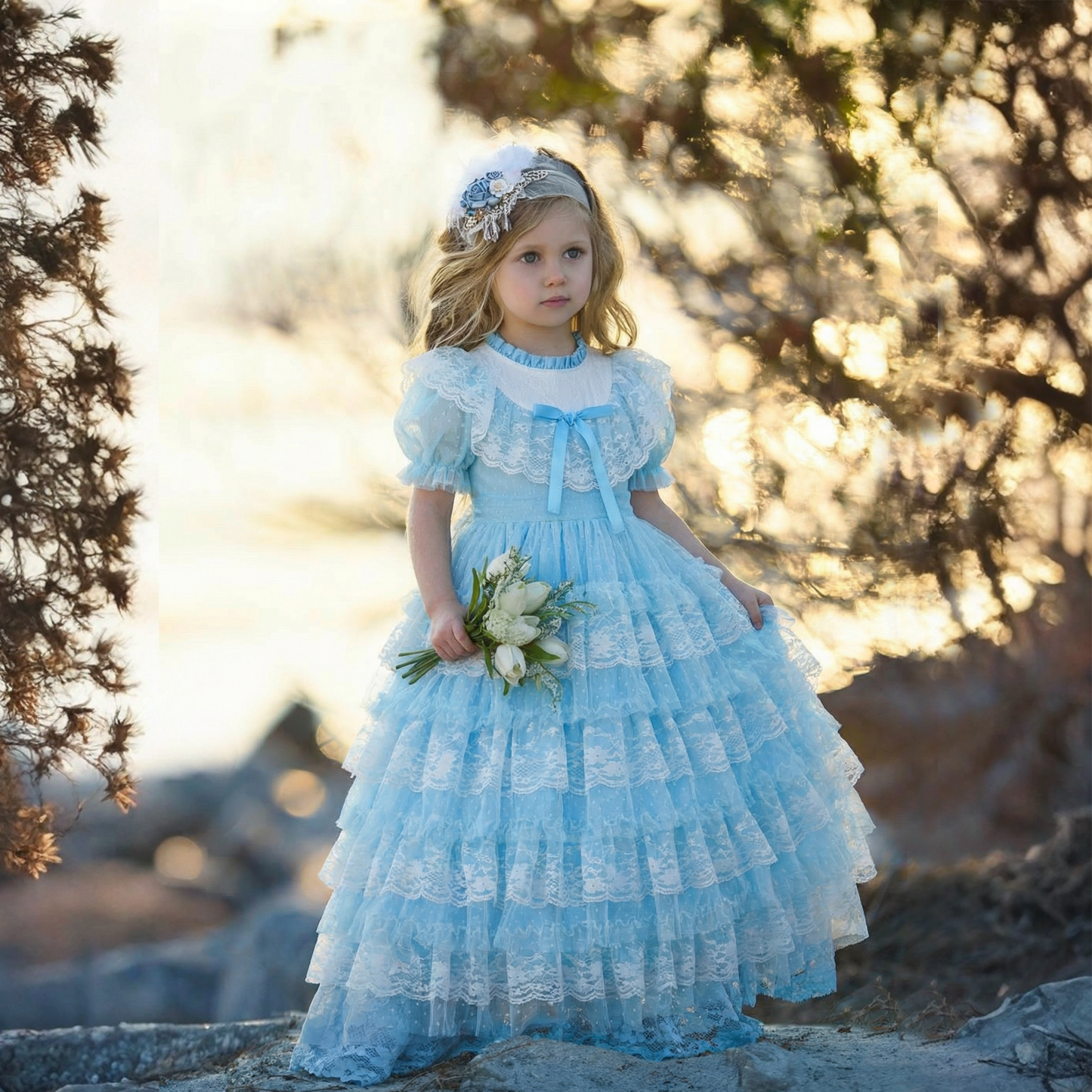 Easter Lace Split Joint Tiered Short Sleeve Maxi Dresses - Light Blue - 7Y - image 1