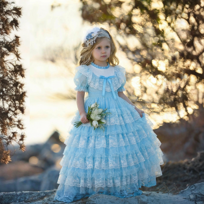 Easter Lace Split Joint Tiered Short Sleeve Maxi Dresses - Light Blue - 7Y - image 1