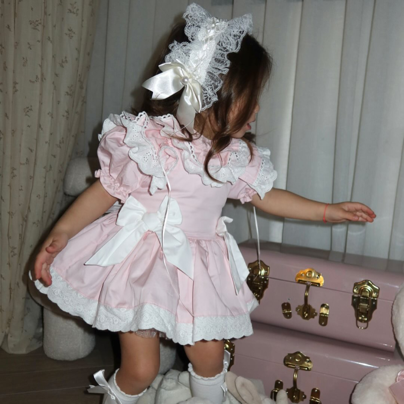 100% Cotton Bow Stitching Lace Short Sleeve Short Dresses - Pink - 4Y - image 1