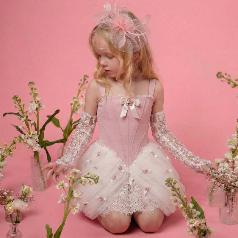 Satin & Mesh Rosette Sleeveless Short Dresses - Pink - 8Y - image 1