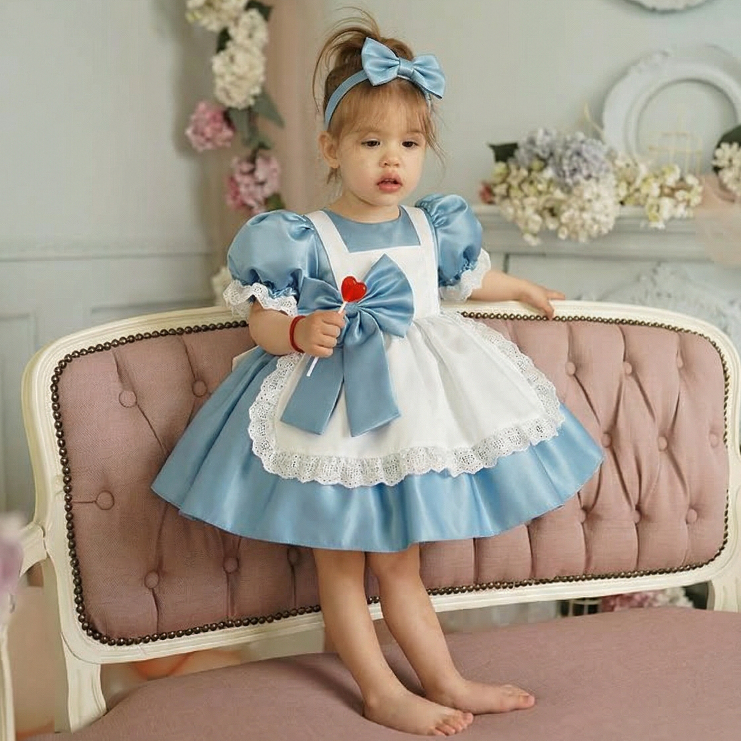 Satin Bow Short Sleeve Midi Dresses - Blue - 2-3Y - image 1