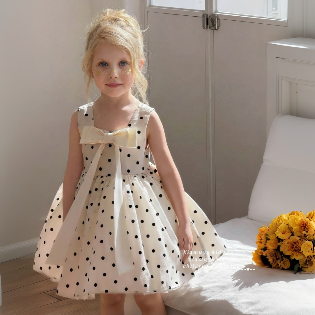 Chemical Fiber Blend Bow Sleeveless Midi Dresses - Beige - 9-11Y - image 1