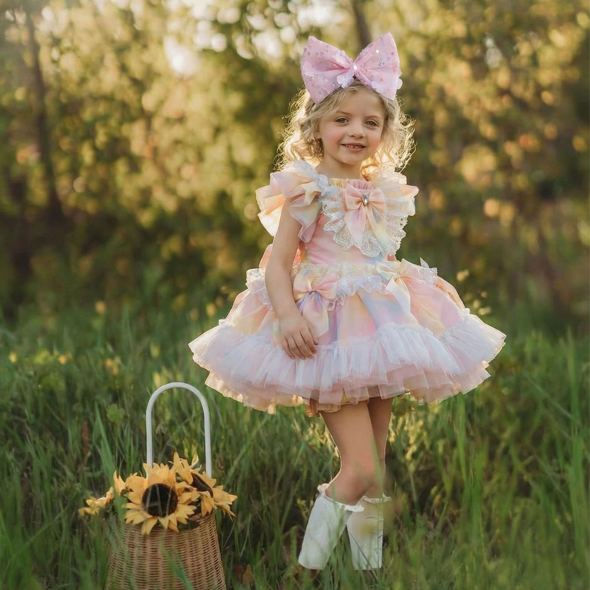 Chemical Fiber Blend Bow Cap Sleeve Midi Dresses - Rainbow - 12-13Y - image 1