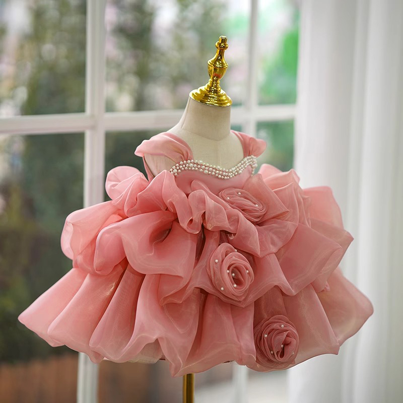 Organza Imitation Pearls Rosette Sleeveless Short Dresses - image 2