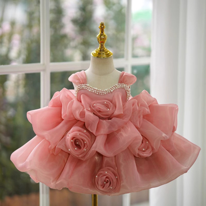 Organza Imitation Pearls Rosette Sleeveless Short Dresses - Dark Pink - 7-9Y - image 1