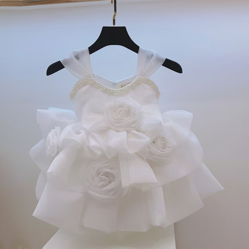 Organza Imitation Pearls Rosette Sleeveless Short Dresses - White - 7-9Y - image 8