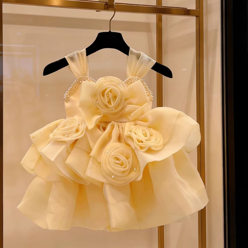 Organza Imitation Pearls Rosette Sleeveless Short Dresses - Champagne - 7-9Y - image 9