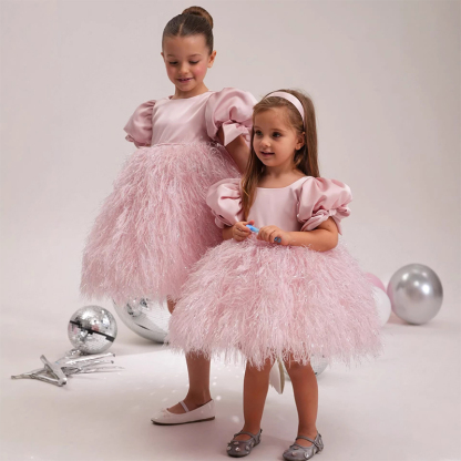 Satin Feather-trimmed Short Sleeve Midi Dresses - image 2