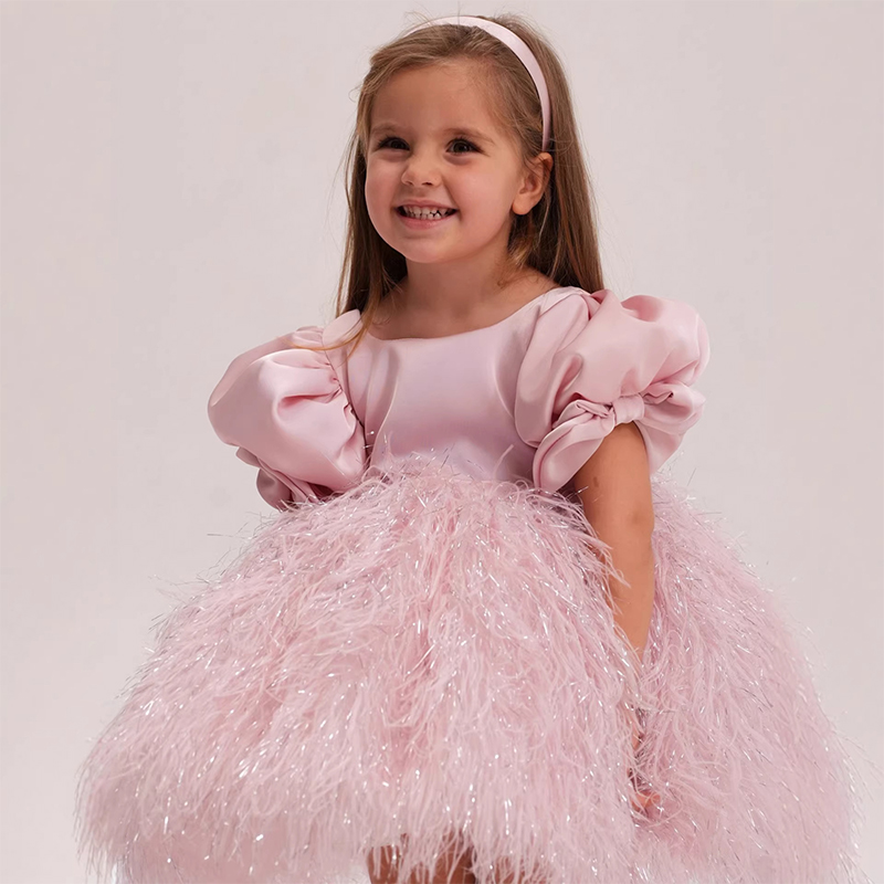 Satin Feather-trimmed Short Sleeve Midi Dresses - Pink - 9-11Y - image 1