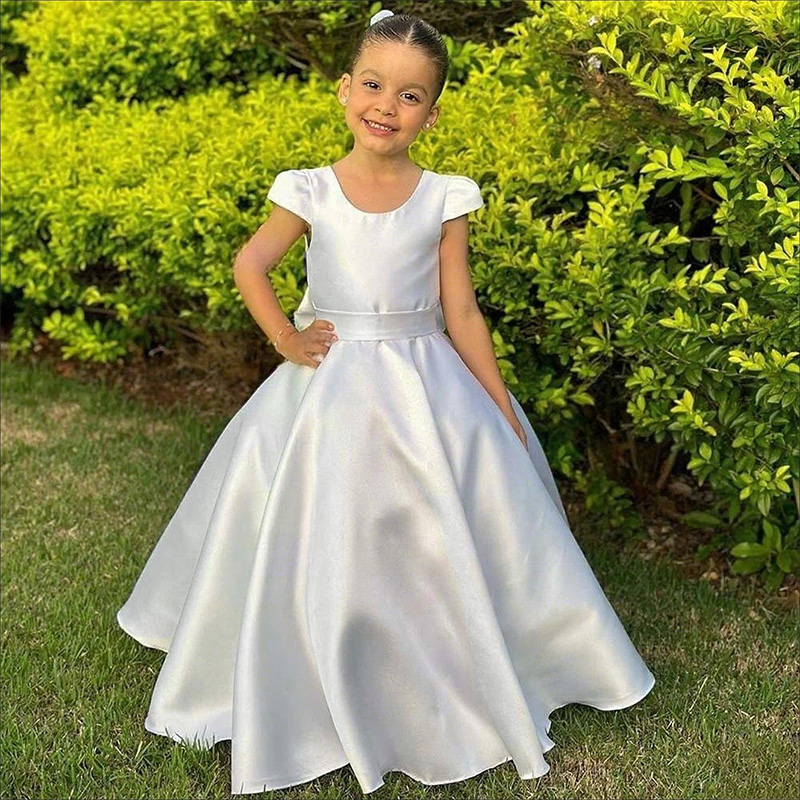 Satin Bow Backless Cap Sleeve Maxi Dresses - White - 11-12Y - image 1