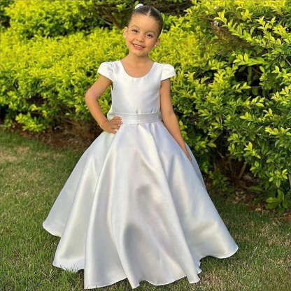 Satin Bow Backless Cap Sleeve Maxi Dresses - White - 11-12Y - image 1