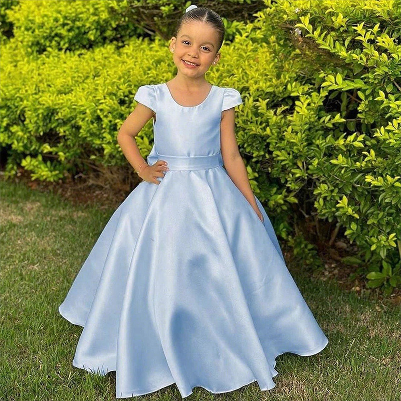 Satin Bow Backless Cap Sleeve Maxi Dresses - Blue - 11-12Y - image 4