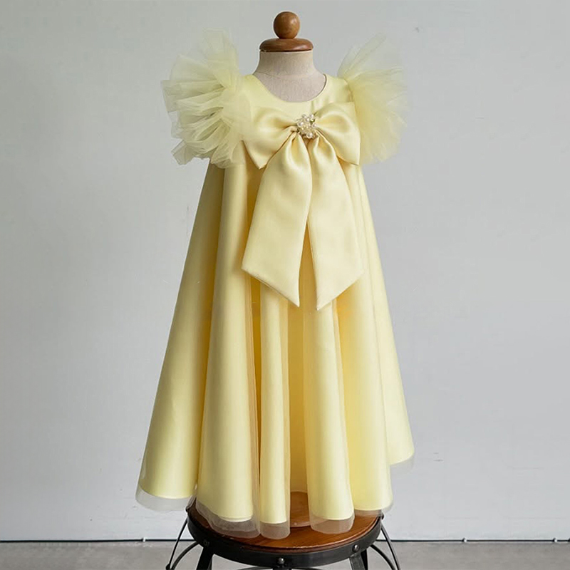 Satin Bow Cap Sleeve Maxi Dresses - Yellow - 13-14Y - image 1