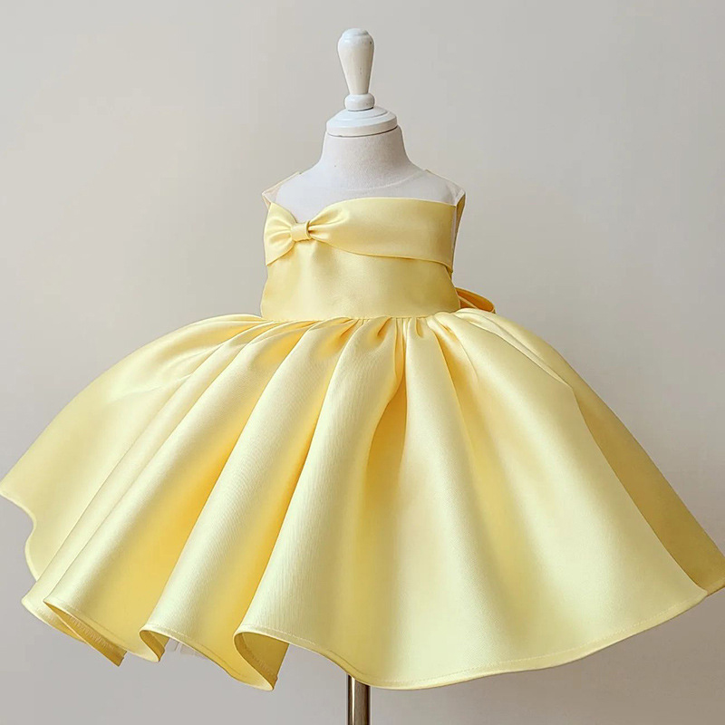 Satin Bow Sleeveless Midi Dresses - Yellow - 13-14Y - image 1