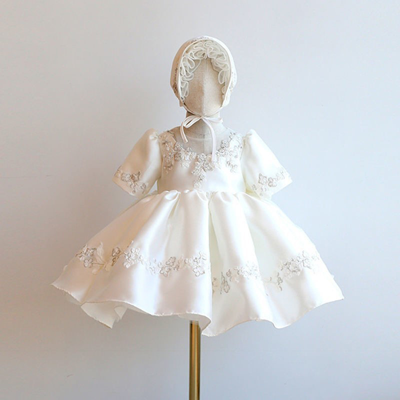 Satin Embroidery Short Sleeve Short Dresses Without Bonnet - White - 9-11Y - image 1