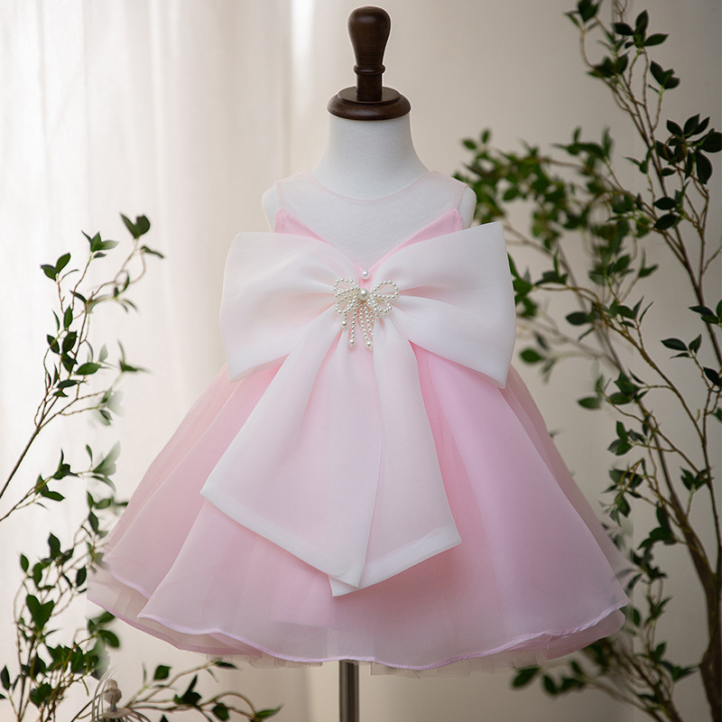Organza Bow Sleeveless Short Dresses - Light Pink - 9-11Y - image 1
