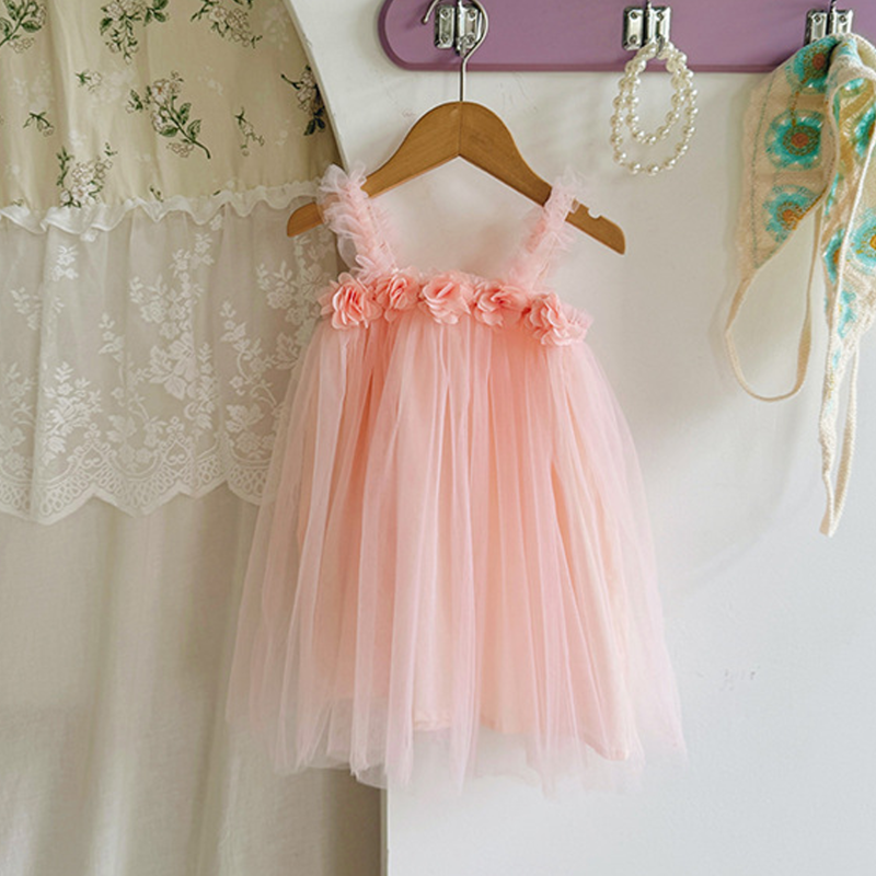 Mesh Rosette Sleeveless Midi Dresses - Light Pink - 7-8Y - image 9