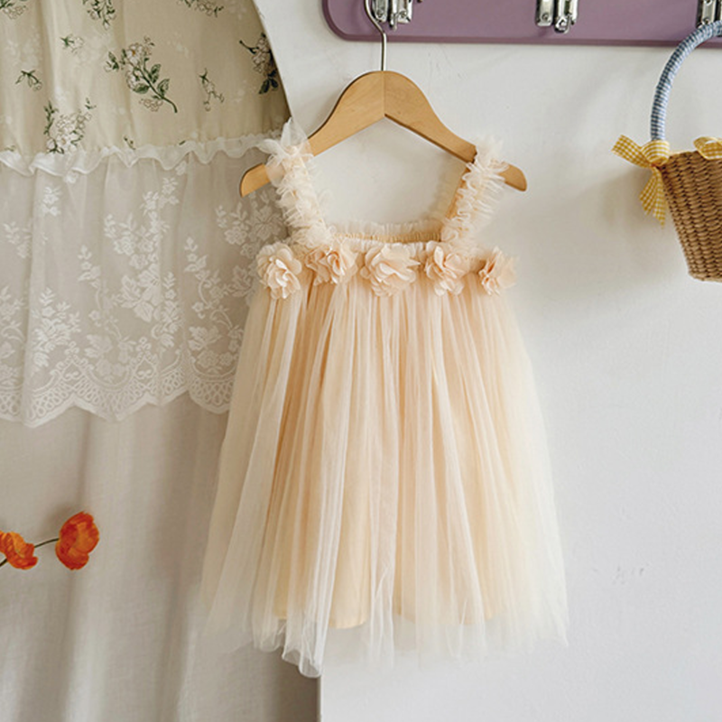 Mesh Rosette Sleeveless Midi Dresses - Apricot - 7-8Y - image 3