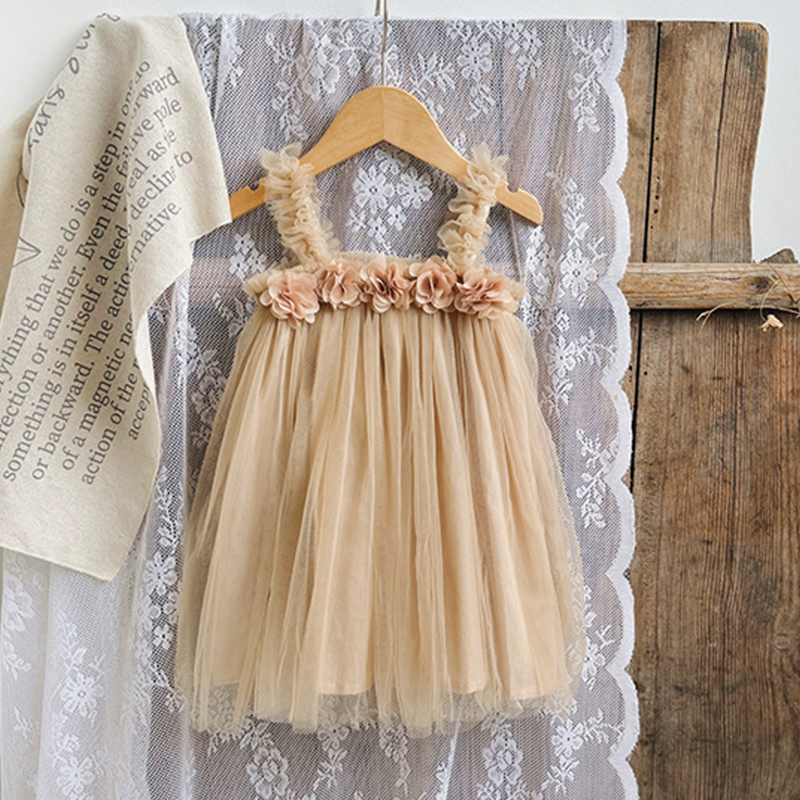 Mesh Rosette Sleeveless Midi Dresses - Coffee - 7-8Y - image 13