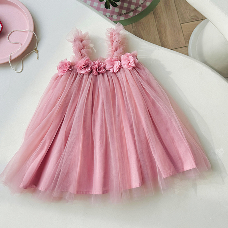 Mesh Rosette Sleeveless Midi Dresses - Dark Pink - 7-8Y - image 15