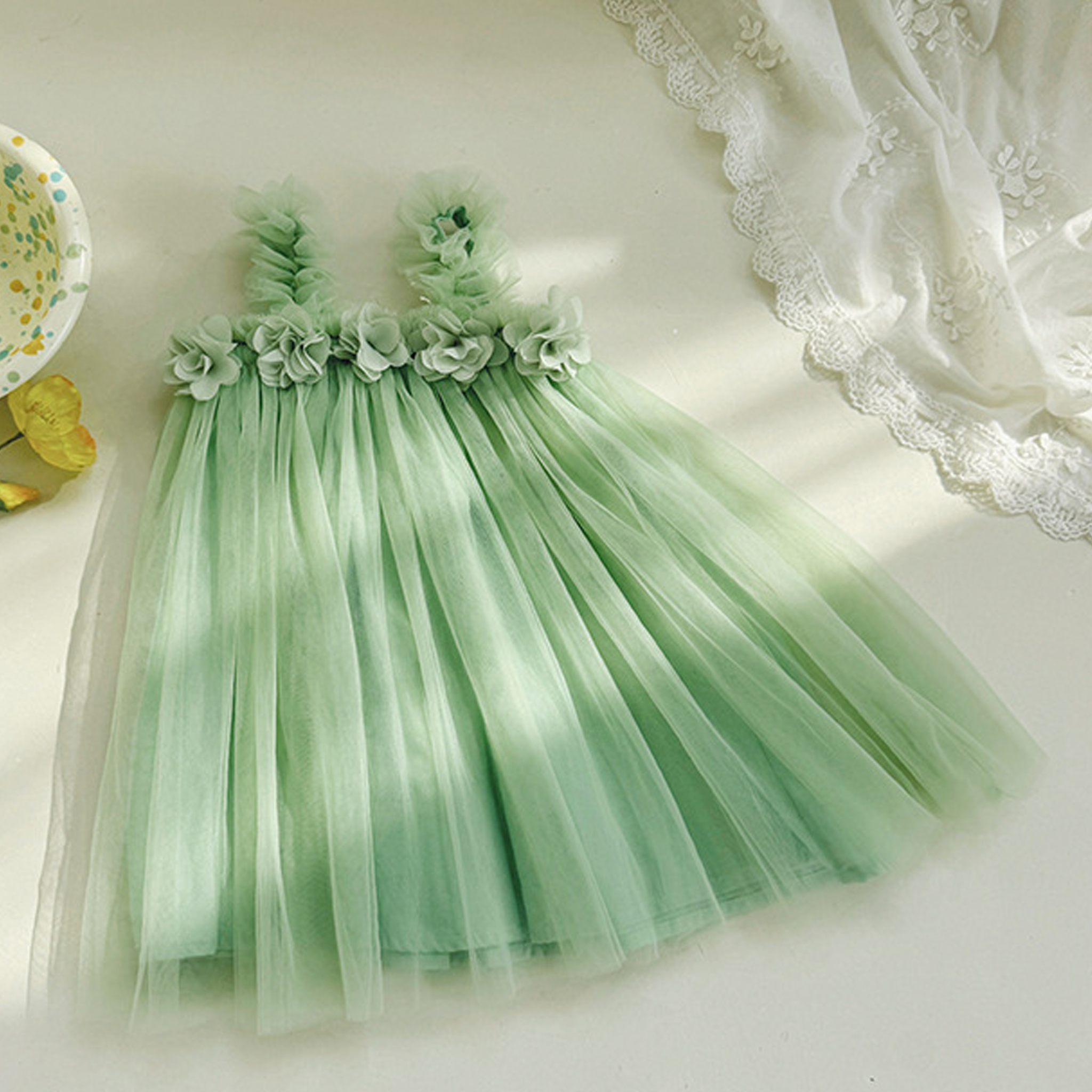 Mesh Rosette Sleeveless Midi Dresses - Light Green - 7-8Y - image 16