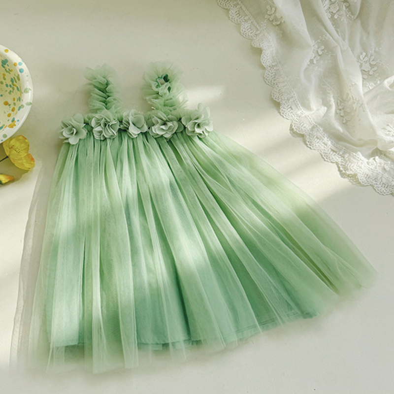 Mesh Rosette Sleeveless Midi Dresses - Light Green - 7-8Y - image 16
