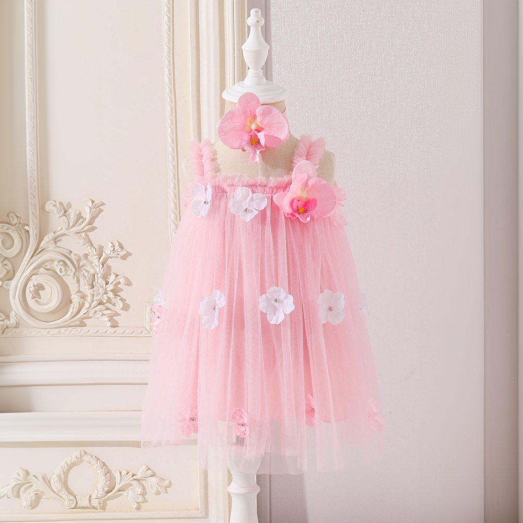 Mesh Rosette Sleeveless Midi Dresses - Pink - 1-2Y - image 3