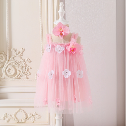 Mesh Rosette Sleeveless Midi Dresses - Pink - 1-2Y - image 3
