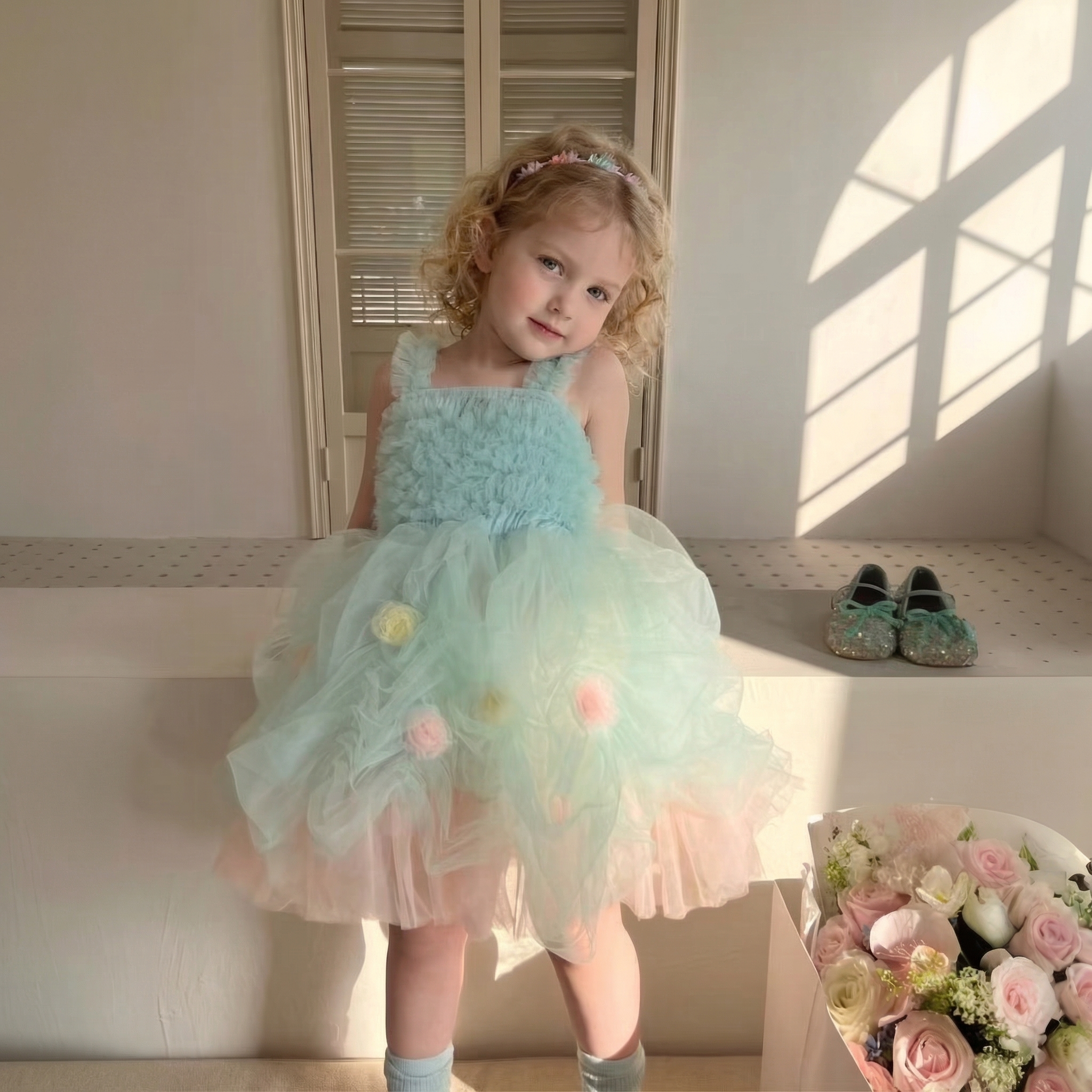 Mesh Bow Sleeveless Midi Dresses - Mint - 6-7Y - image 1