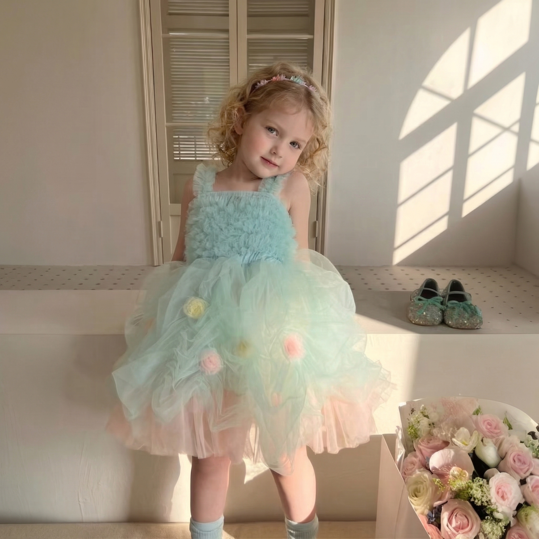 Mesh Bow Sleeveless Midi Dresses - Mint - 6-7Y - image 1