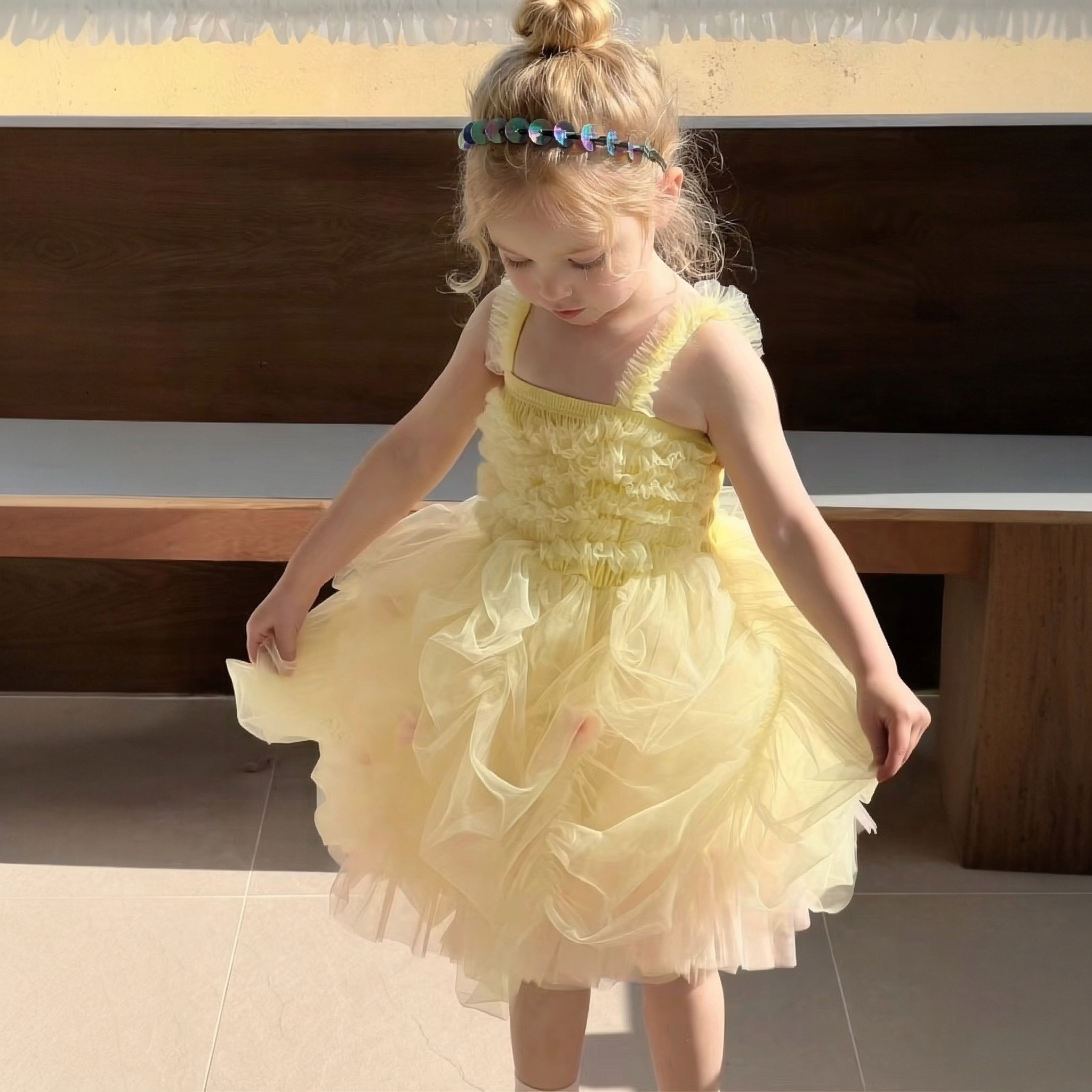 Mesh Bow Sleeveless Midi Dresses - Yellow - 6-7Y - image 3