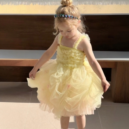 Mesh Bow Sleeveless Midi Dresses - Yellow - 6-7Y - image 3