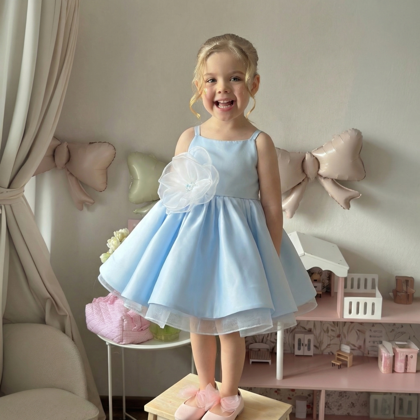 Satin Rosette Sleeveless Midi Dresses - Blue - 11-13Y - image 1