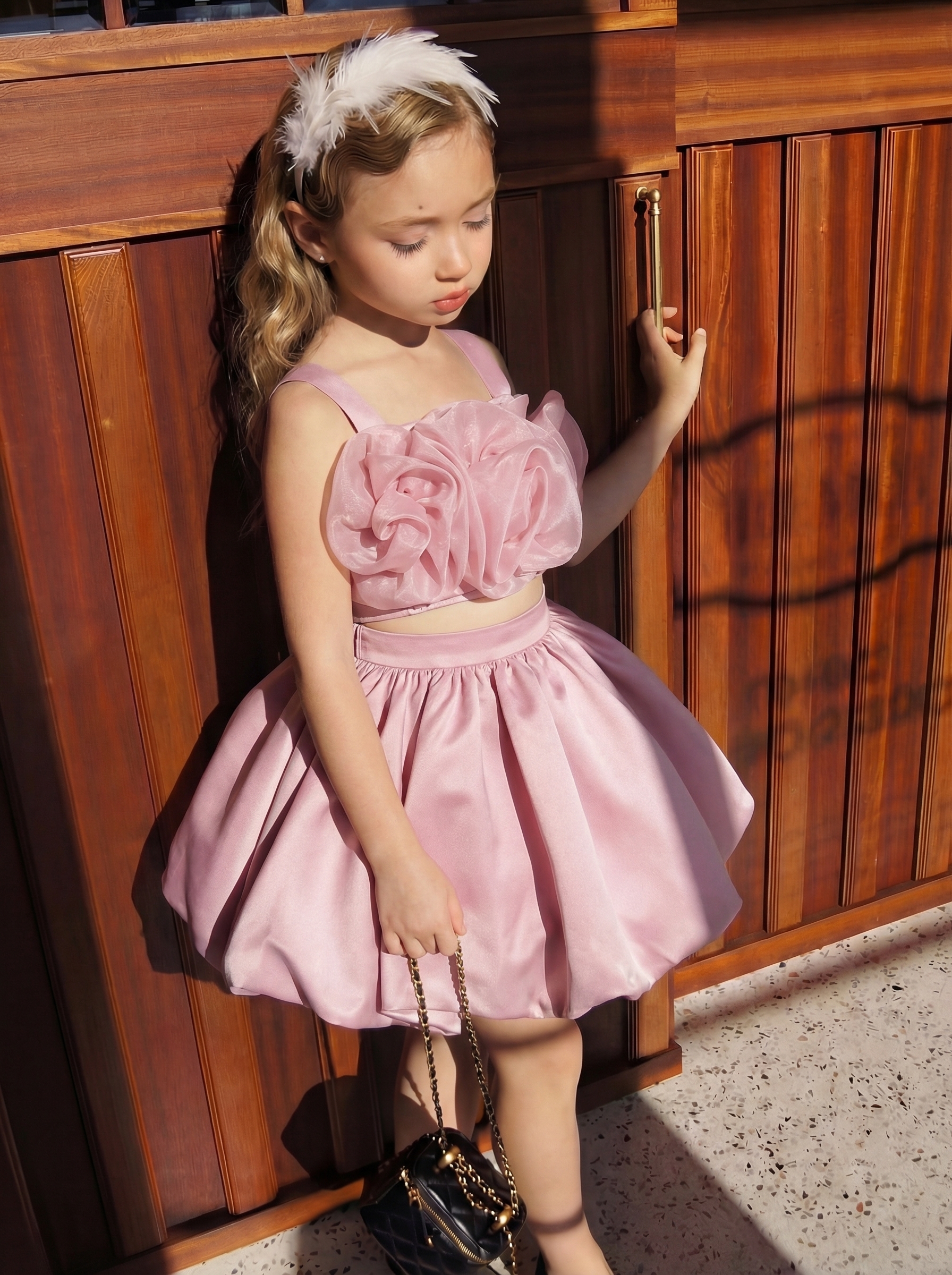 Satin Split Joint Sleeveless Midi Two-piece Set - Pink - 8Y - image 1