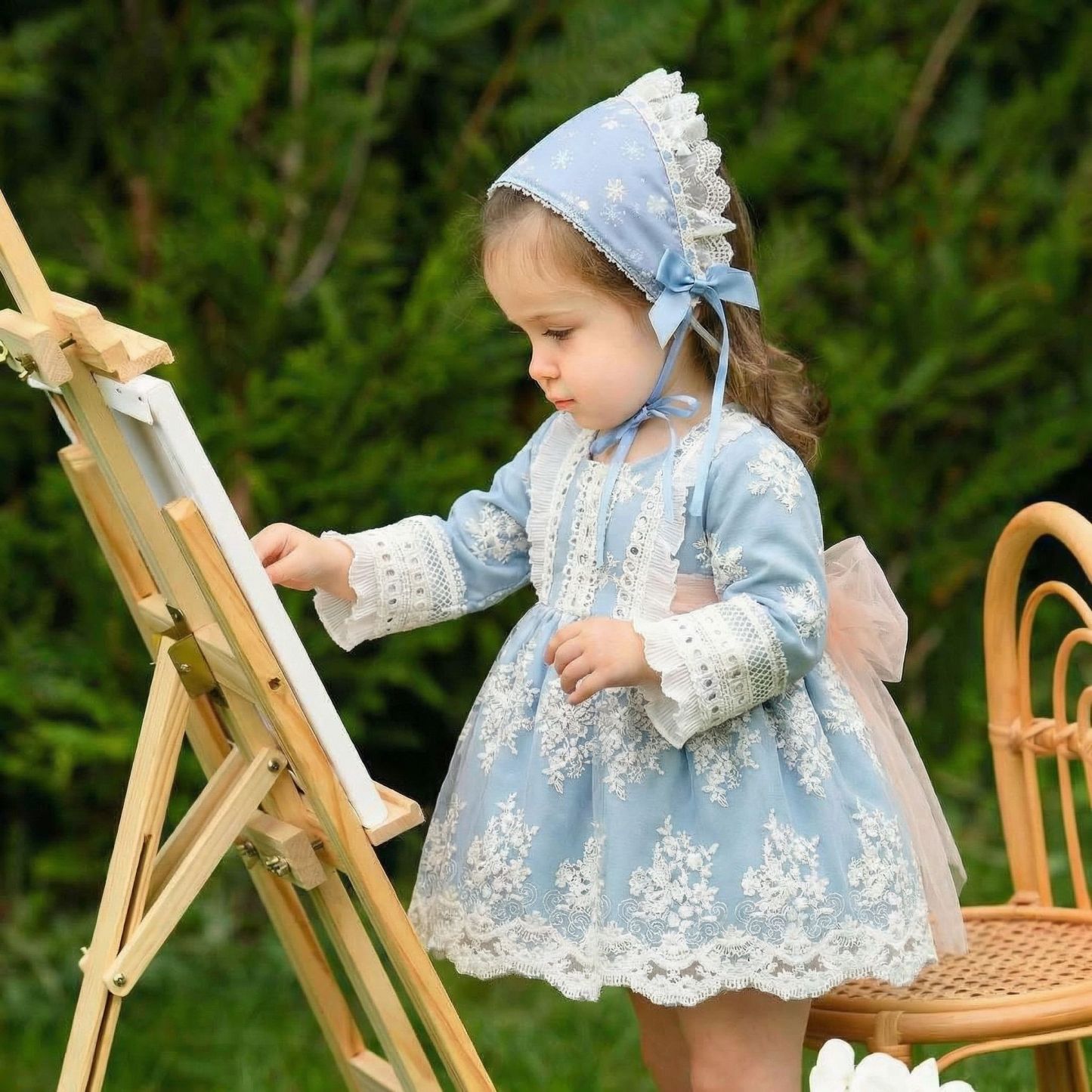 Lace Bow Lace Edge Long Sleeve Midi Dresses With Headband - image 2