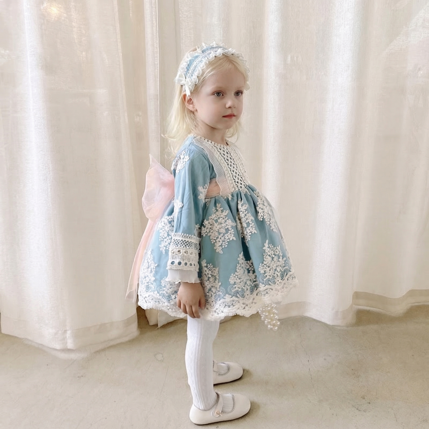 Lace Bow Lace Edge Long Sleeve Midi Dresses With Headband - image 4