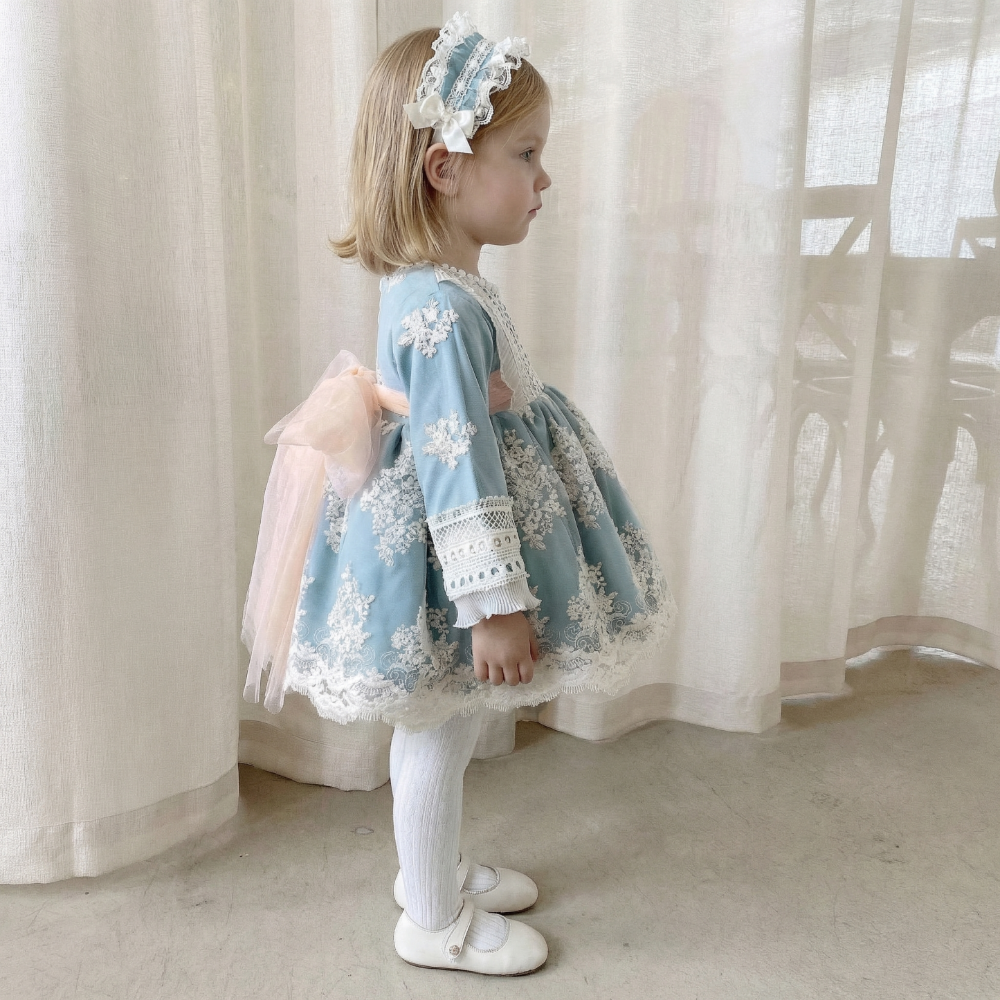 Lace Bow Lace Edge Long Sleeve Midi Dresses With Headband - image 11