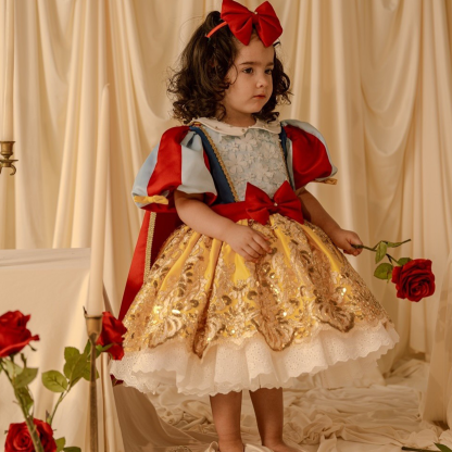 Satin Bow Applique Short Sleeve Midi Dresses - Yellow - 5Y - image 1