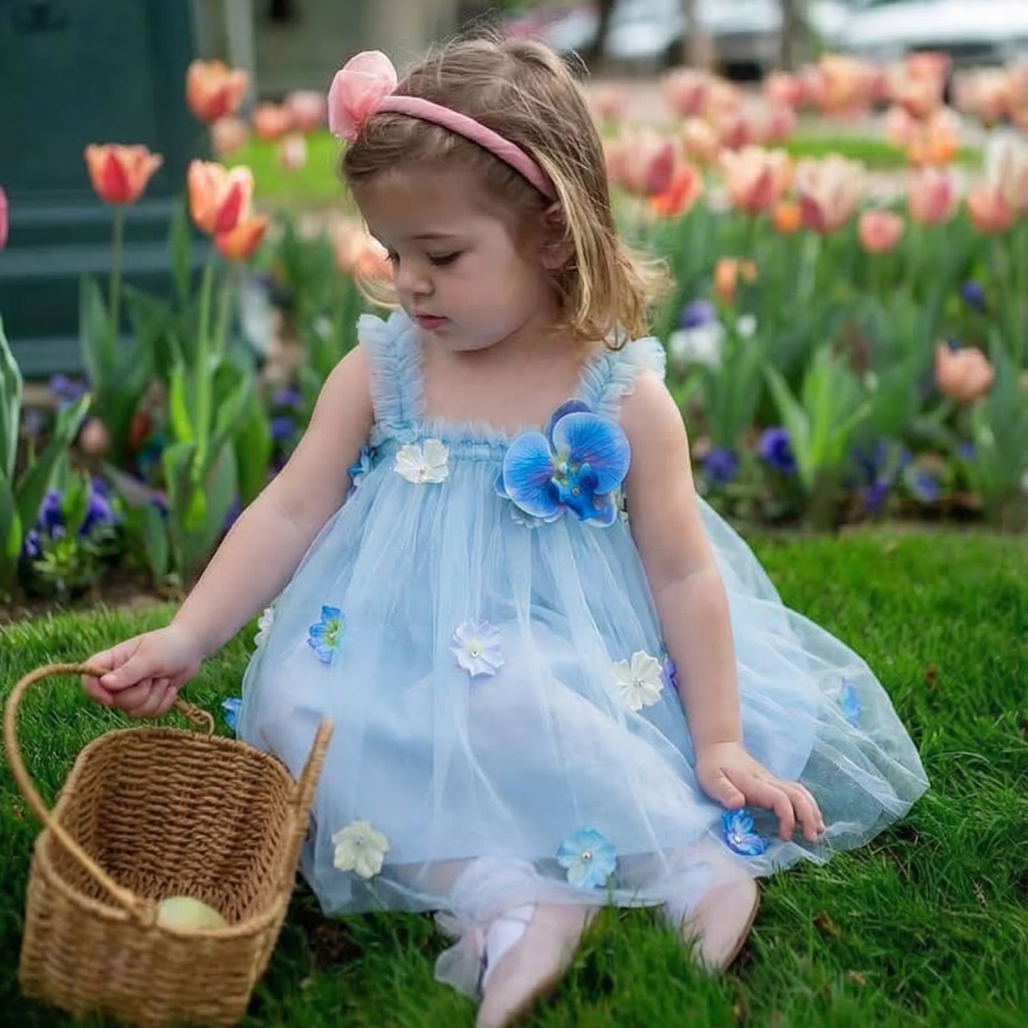 Mesh Rosette Sleeveless Midi Dresses - Light Blue - 1-2Y - image 1