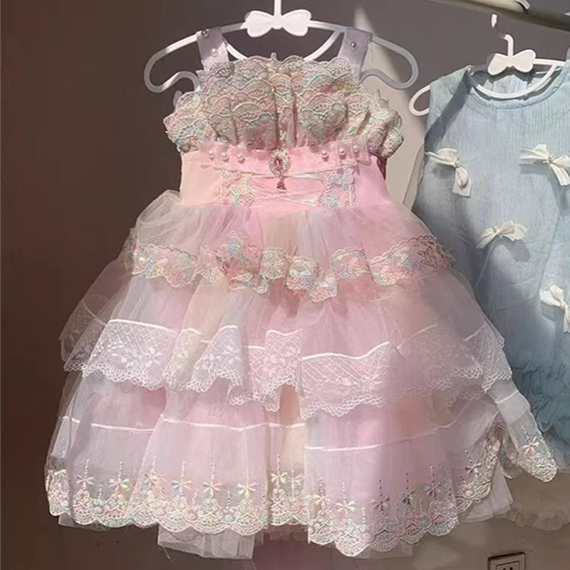 Embroidery Mesh Embroidery Stitching Lace Sleeveless Midi Dresses - Pink - 11-12Y - image 1