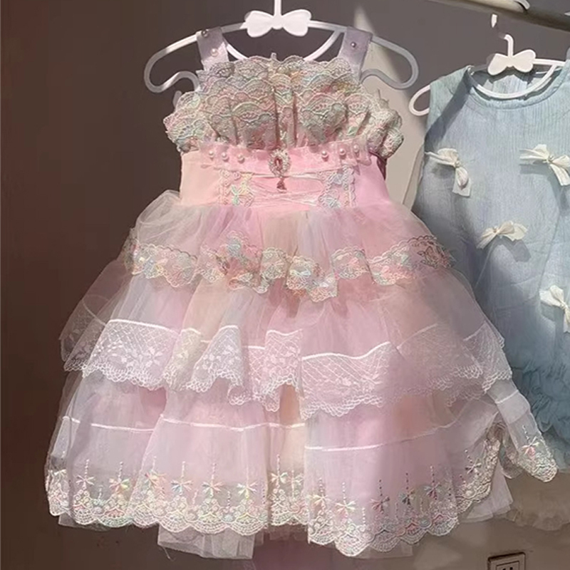 Embroidery Mesh Embroidery Stitching Lace Sleeveless Midi Dresses - Pink - 11-12Y - image 1