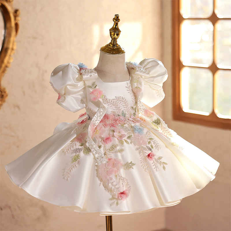 Satin & Embroidery Mesh Bow Rosette Short Sleeve Short Dresses - image 2