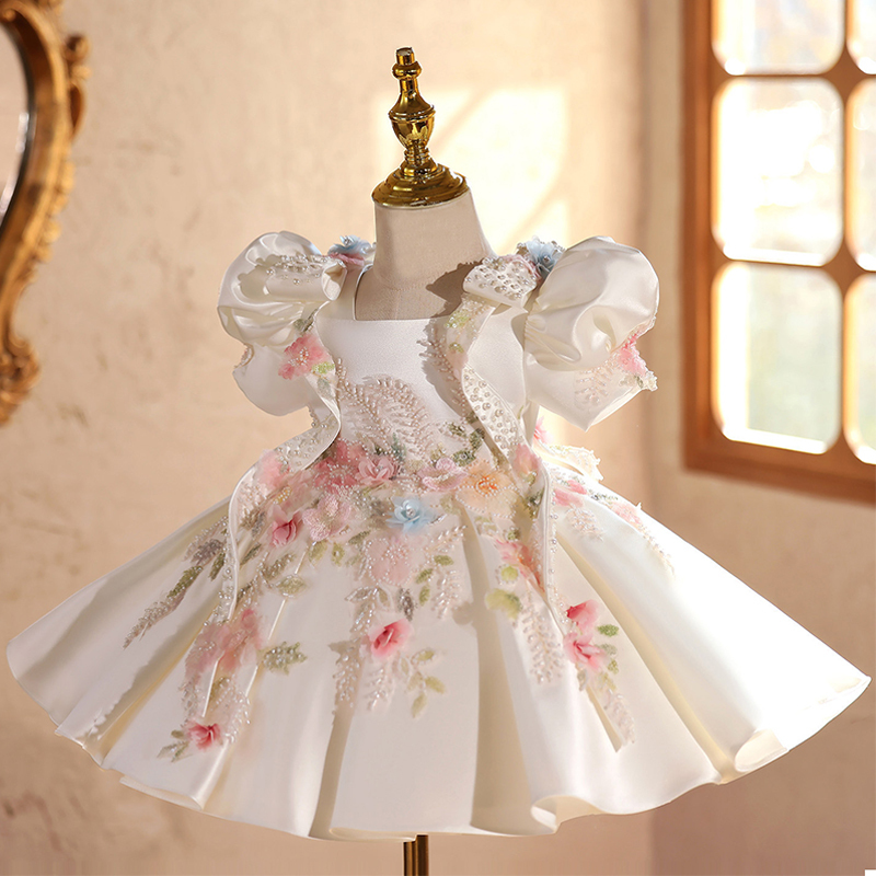 Satin & Embroidery Mesh Bow Rosette Short Sleeve Short Dresses - Beige - 15-16Y - image 1