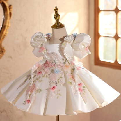Satin & Embroidery Mesh Bow Rosette Short Sleeve Short Dresses - Beige - 15-16Y - image 1