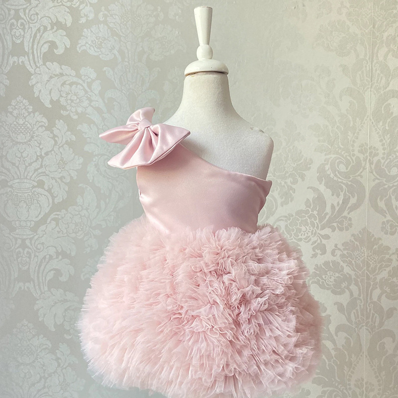 Mesh & Satin Bow Folds Sleeveless Short Dresses - Pink - 4-5Y - image 3